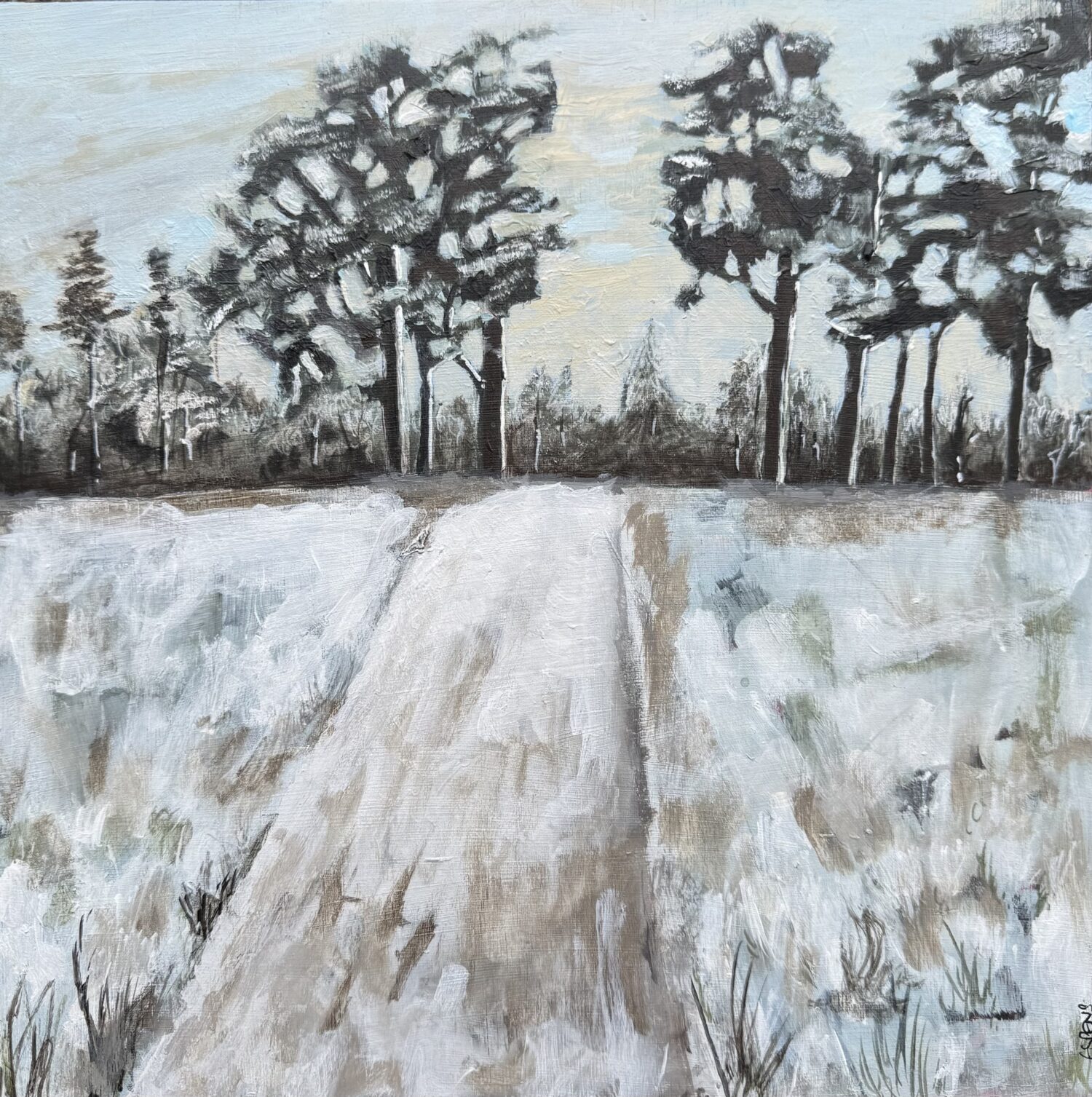 Winter Walk - Medium : Mixed Media Framed : White St Ives style frame Image  Size: 30cm x 30cm  