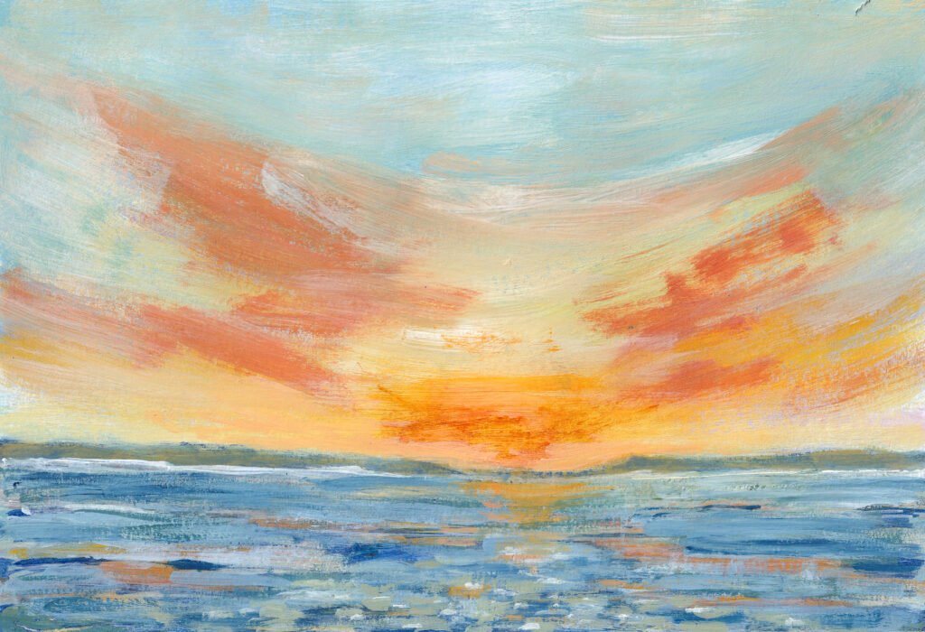 Evening Sunset - Medium : Mixed media on 250mg paper Size : 29.7cm x 21cm Unframed Each original painting comes wrapped in cellophane...